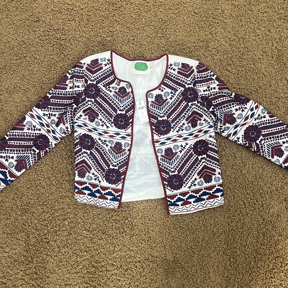 Anthropologie Women’s Embroidered Patterned Blazer - maroon, navy and white